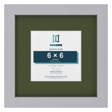 Silver 10 x 10 inch picture frame with a green mount for a 6 x 6 inch photo