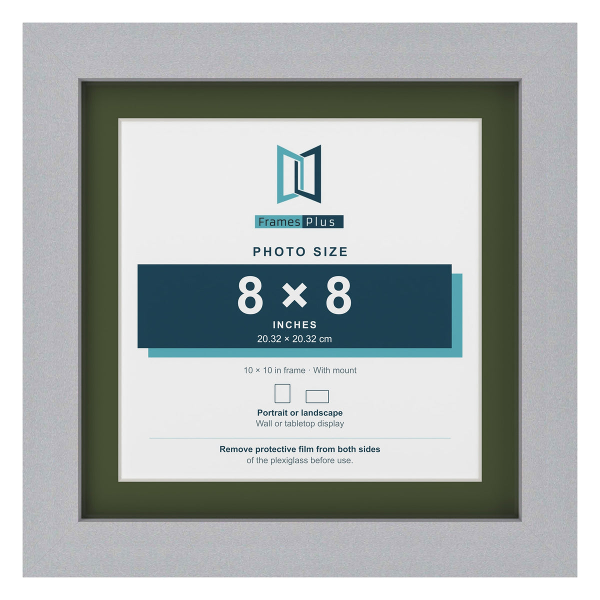 Silver 10 x 10 inch picture frame with a green mount for an 8 x 8 inch photo