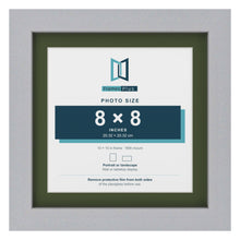 Silver 10 x 10 inch picture frame with a green mount for an 8 x 8 inch photo