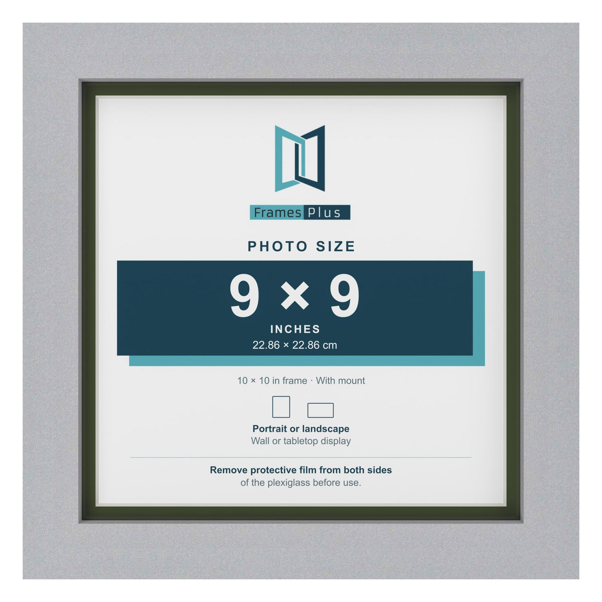 Silver 10 x 10 inch picture frame with a green mount for a 9 x 9 inch photo