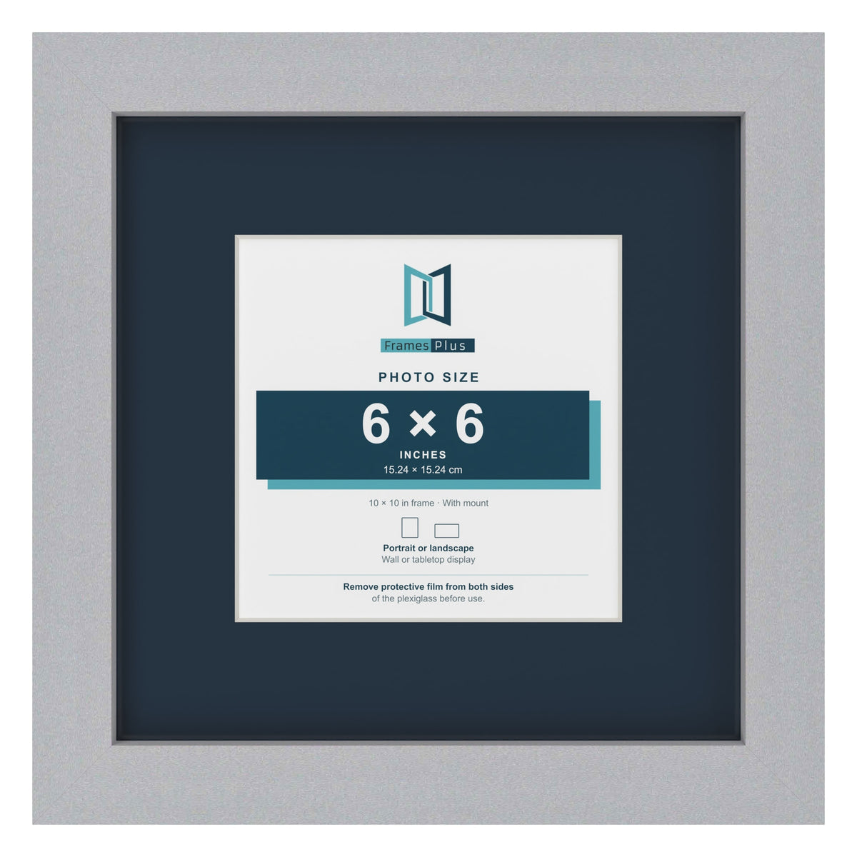 Silver 10 x 10 inch picture frame with a Pacific Blue mount for a 6 x 6 inch photo