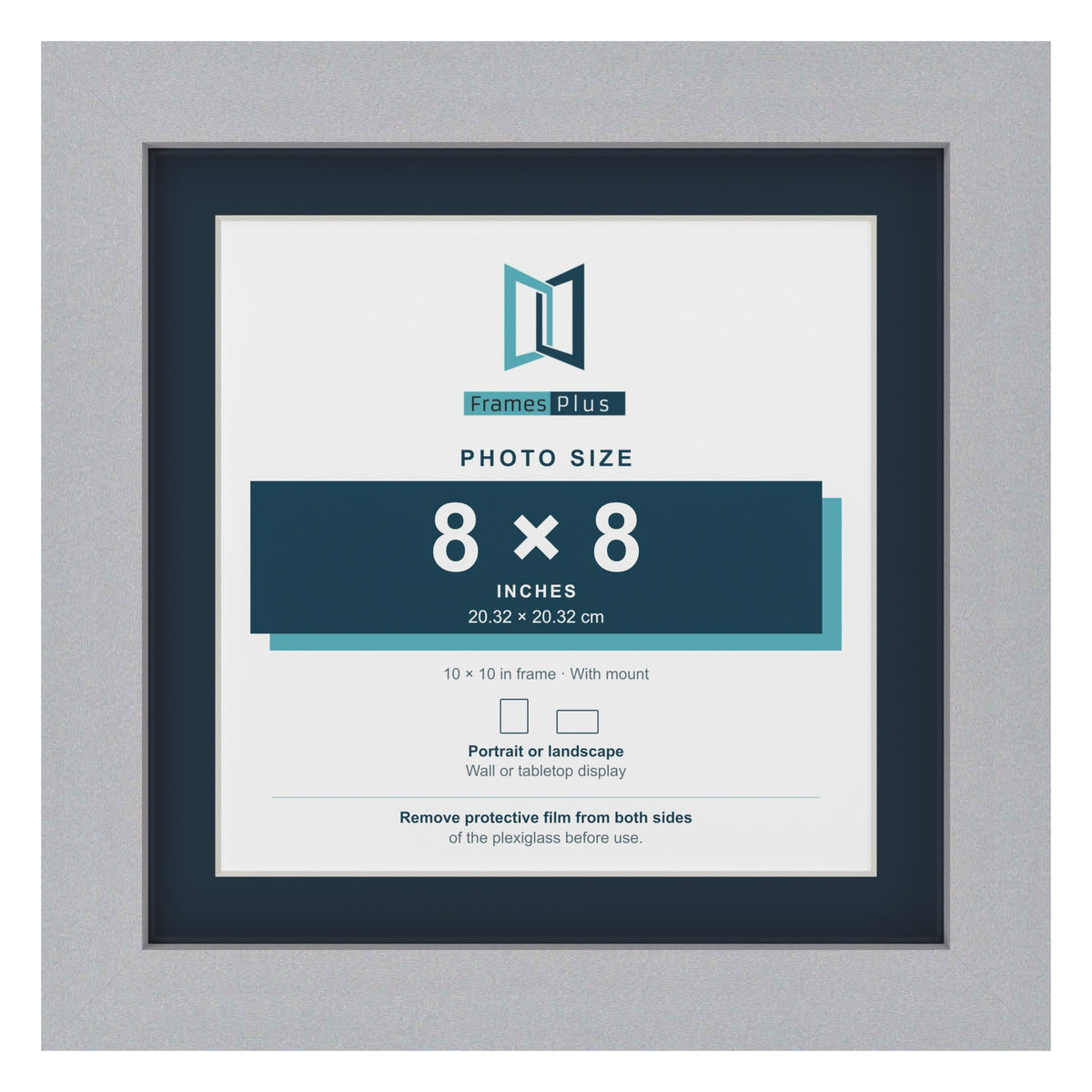 Silver 10 x 10 inch picture frame with a Pacific Blue mount for an 8 x 8 inch photo