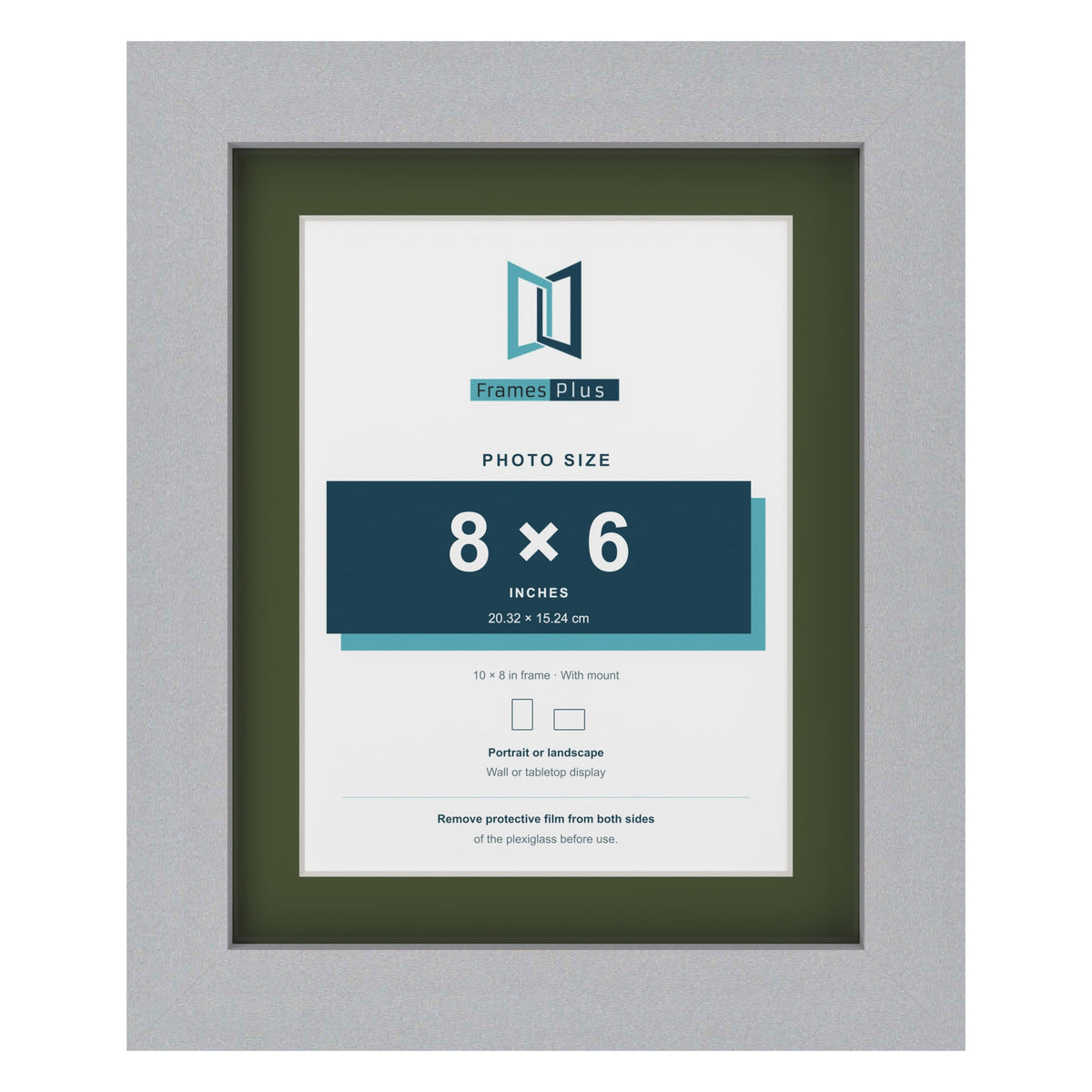 Silver 10 x 8 inch picture frame with a green mount for an 8 x 6 inch photo
