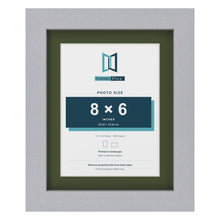 Silver 10 x 8 inch picture frame with a green mount for an 8 x 6 inch photo