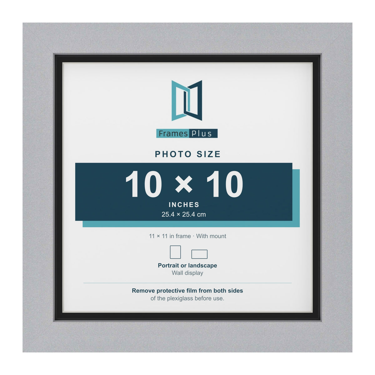 Silver 11 x 11 inch picture frame with a black mount for a 10 x 10 inch photo