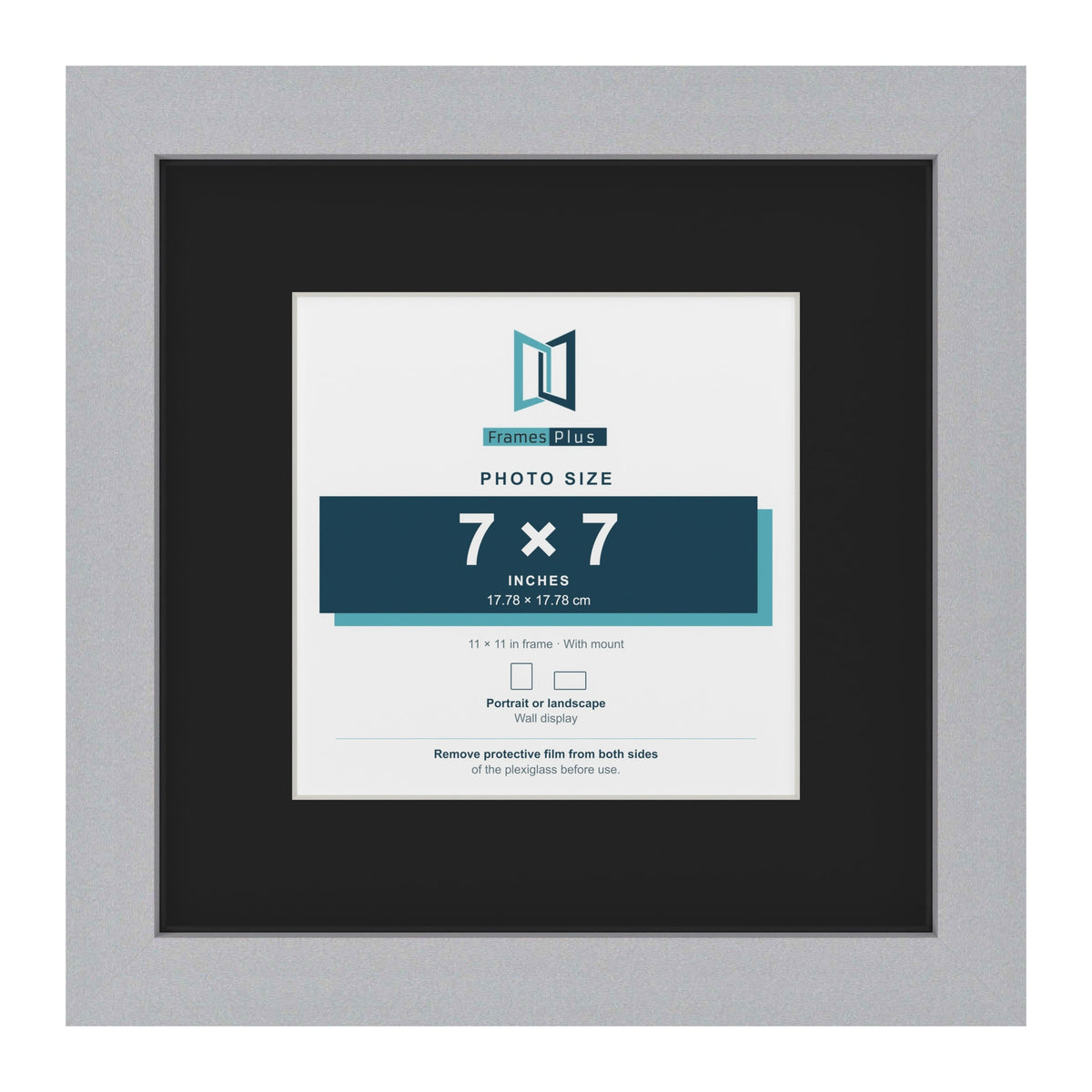 Silver 11 x 11 inch picture frame with a black mount for a 7 x 7 inch photo