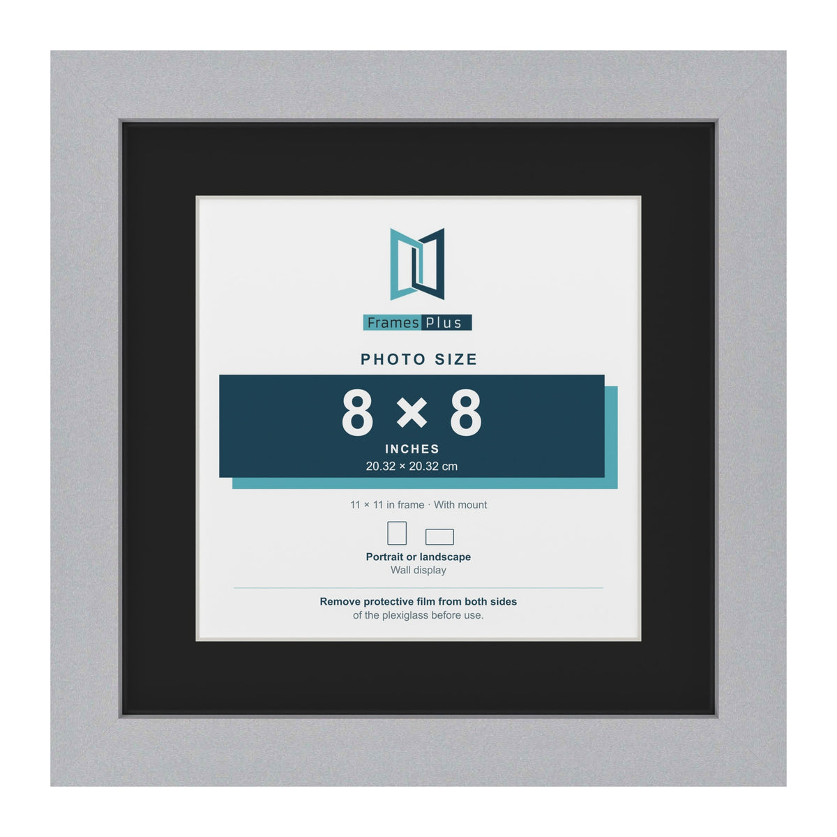 Silver 11 x 11 inch picture frame with a black mount for an 8 x 8 inch photo
