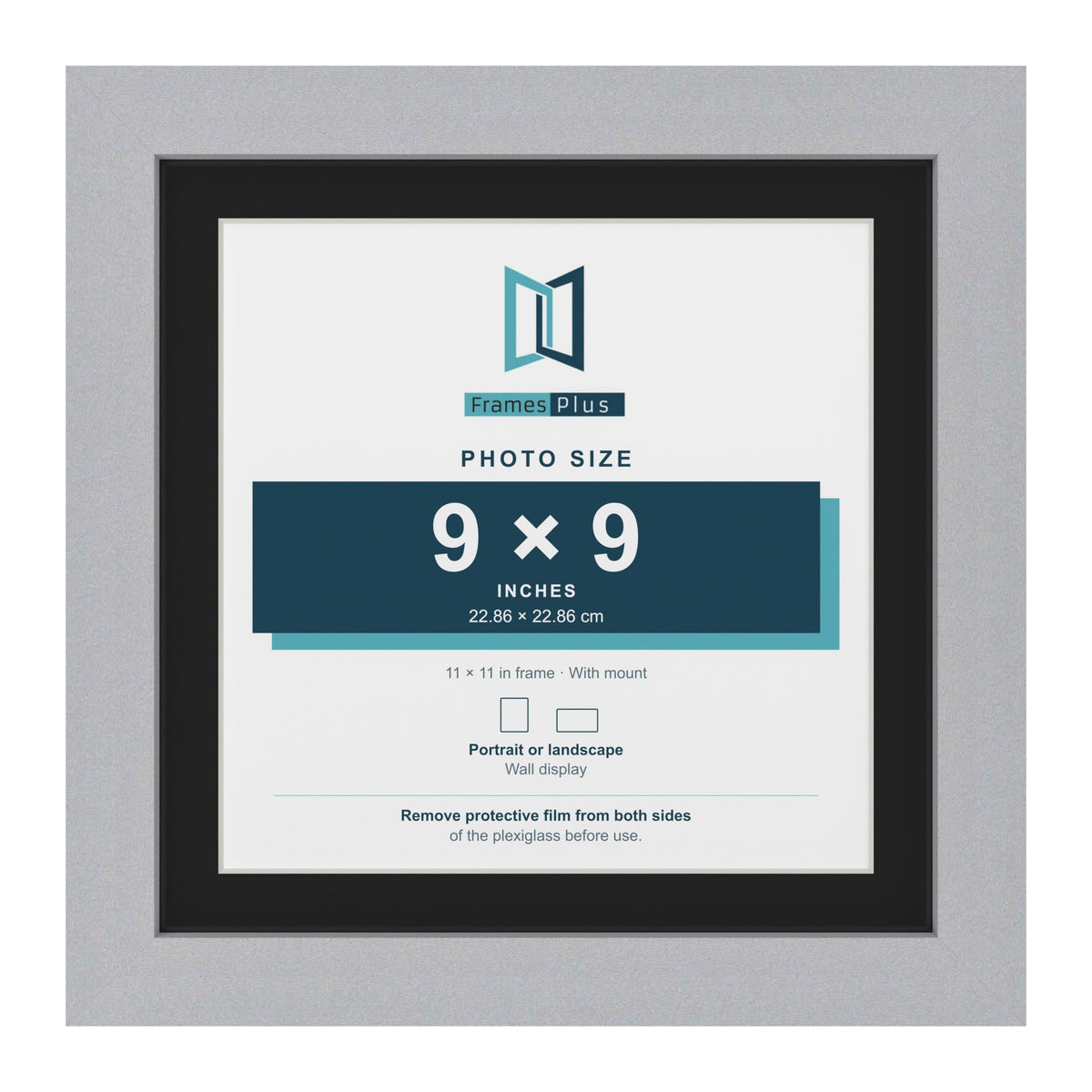 Silver 11 x 11 inch picture frame with a black mount for a 9 x 9 inch photo