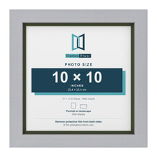 Silver 11 x 11 inch picture frame with a green mount for a 10 x 10 inch photo
