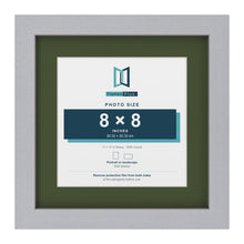 Silver 11 x 11 inch picture frame with a green mount for an 8 x 8 inch photo