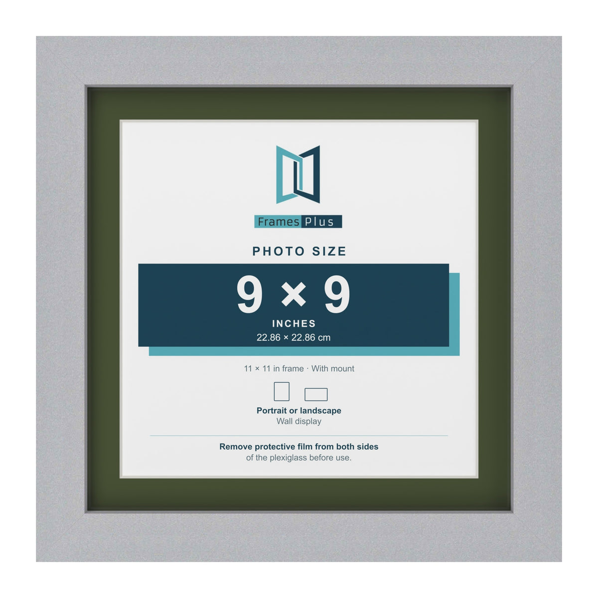 Silver 11 x 11 inch picture frame with a green mount for a 9 x 9 inch photo