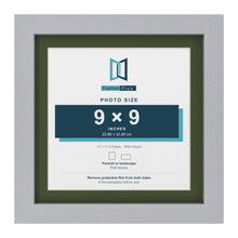 Silver 11 x 11 inch picture frame with a green mount for a 9 x 9 inch photo