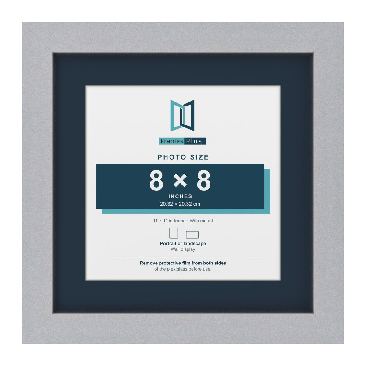 Silver 11 x 11 inch picture frame with a Pacific Blue mount for an 8 x 8 inch photo