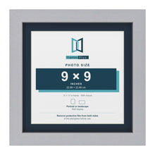 Silver 11 x 11 inch picture frame with a Pacific Blue mount for a 9 x 9 inch photo