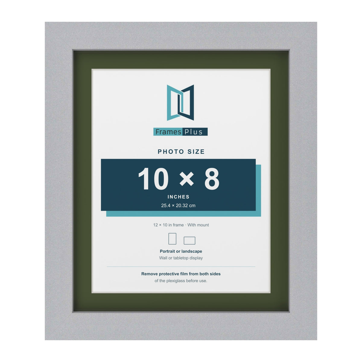 Silver 12 x 10 inch picture frame with a green mount for a 10 x 8 inch photo