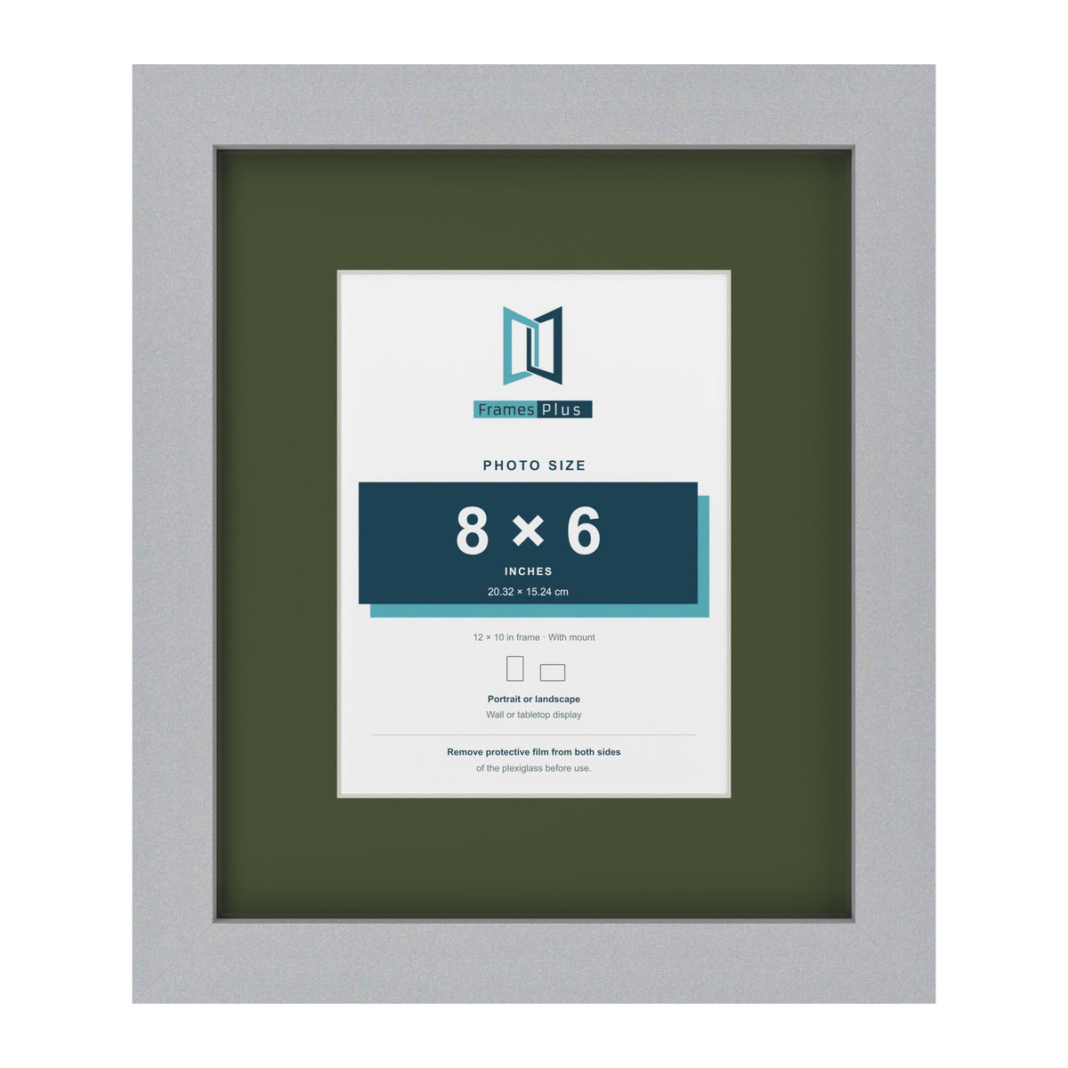 Silver 12 x 10 inch picture frame with a green mount for an 8 x 6 inch photo