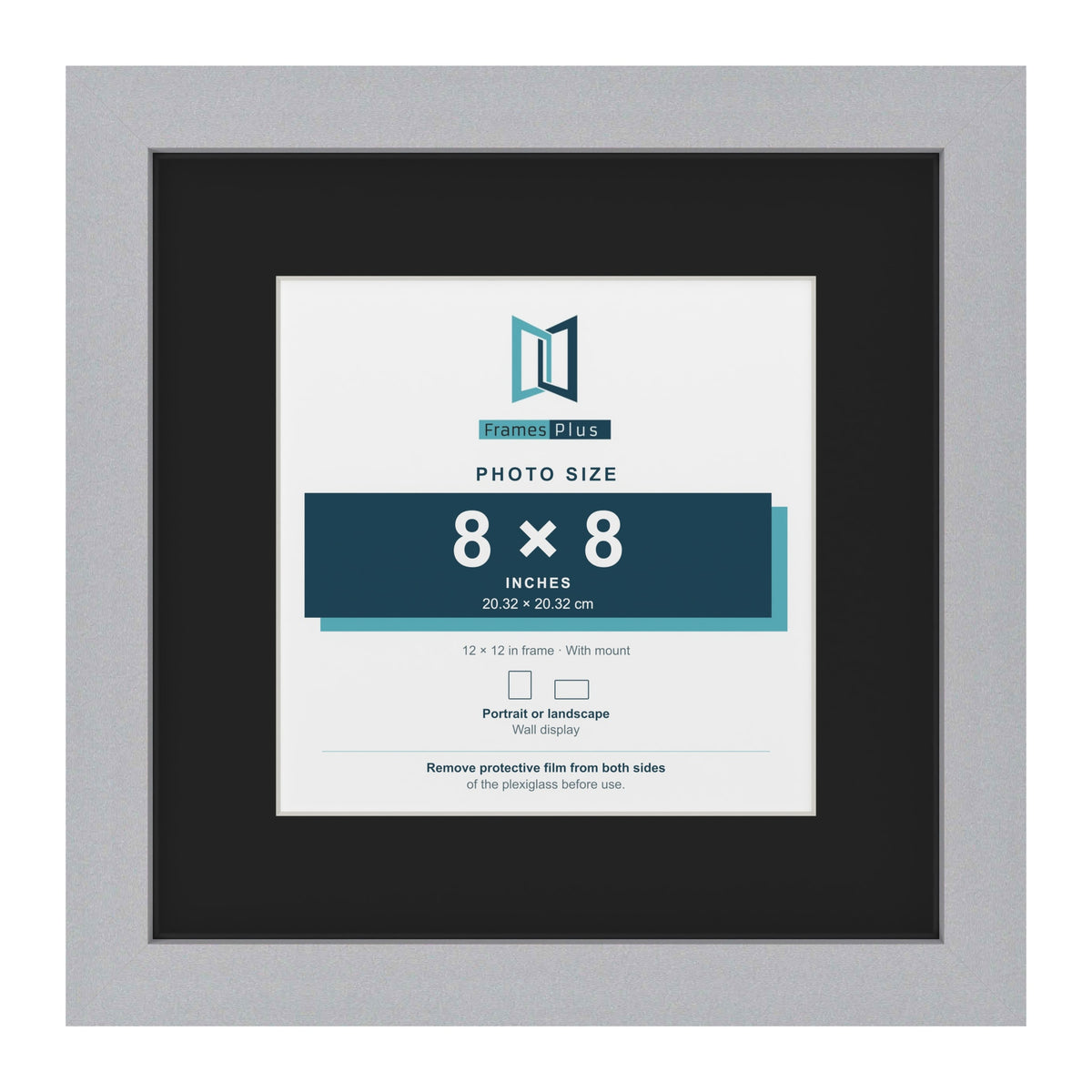 Silver 12 x 12 inch picture frame with a black mount for an 8 x 8 inch photo