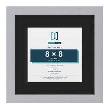 Silver 12 x 12 inch picture frame with a black mount for an 8 x 8 inch photo