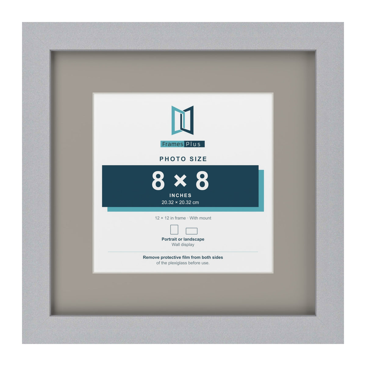 Silver 12 x 12 inch picture frame with a Dawn Grey mount for an 8 x 8 inch photo