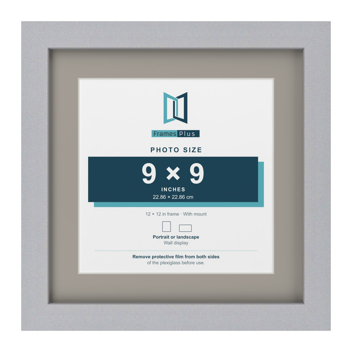 Silver 12 x 12 inch picture frame with a Dawn Grey mount for a 9 x 9 inch photo