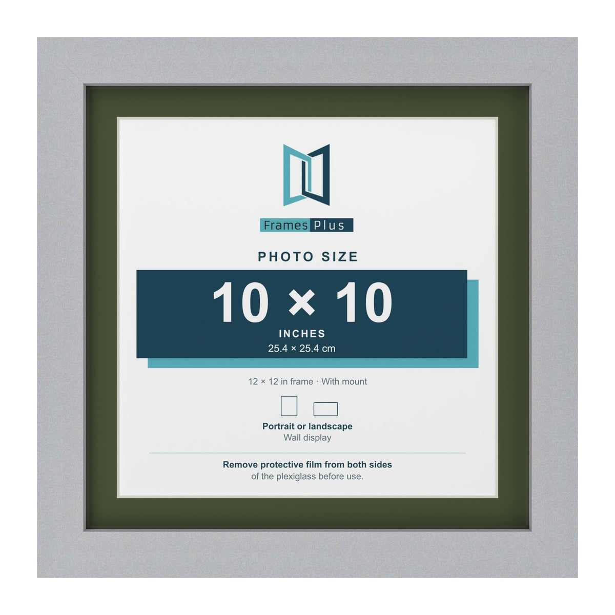 Silver 12 x 12 inch picture frame with a green mount for a 10 x 10 inch photo