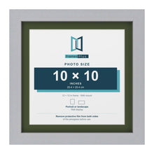 Silver 12 x 12 inch picture frame with a green mount for a 10 x 10 inch photo