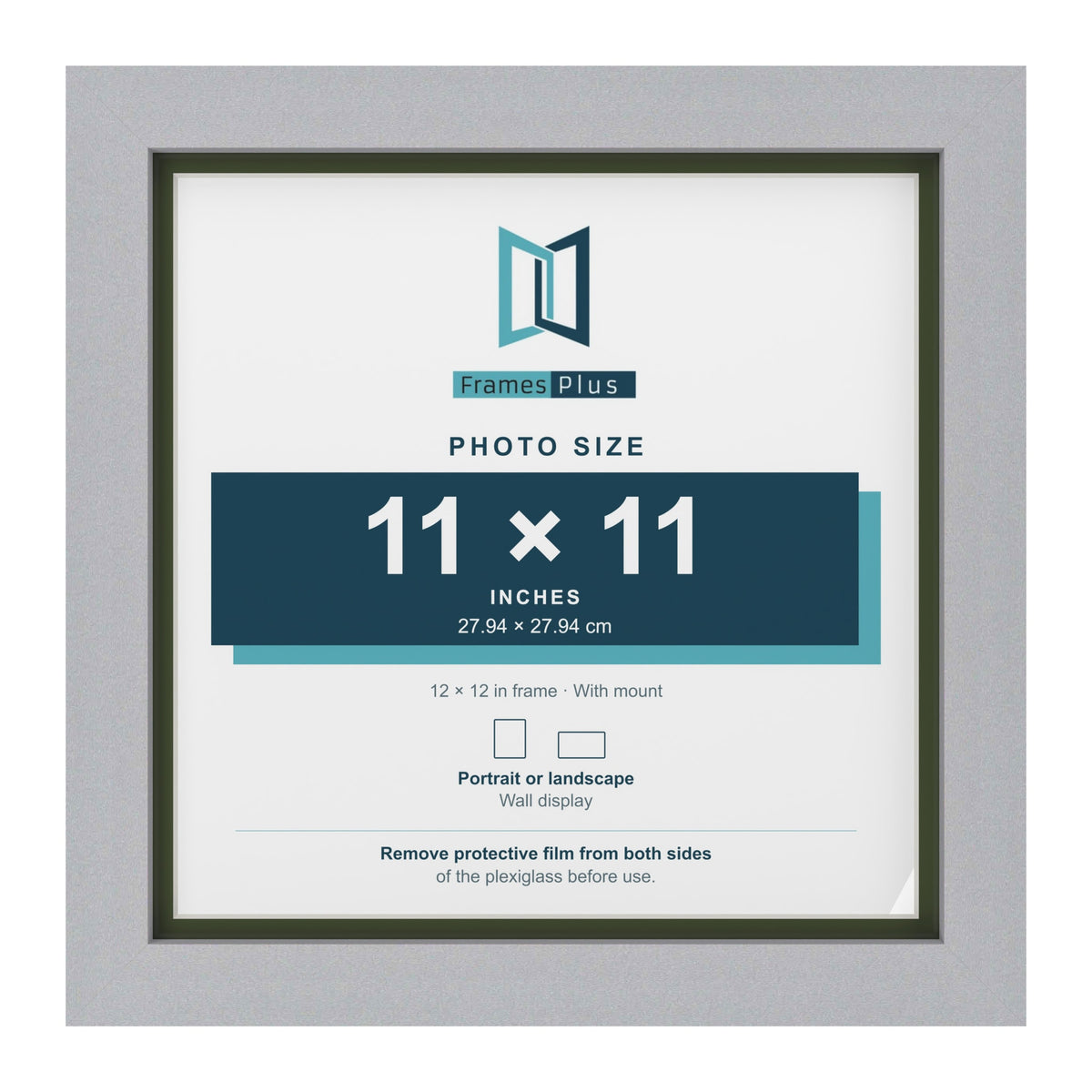 Silver 12 x 12 inch picture frame with a green mount for an 11 x 11 inch photo