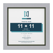 Silver 12 x 12 inch picture frame with a green mount for an 11 x 11 inch photo