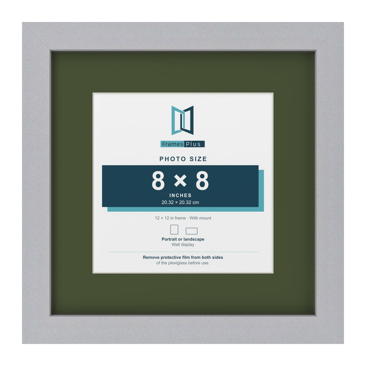 Silver 12 x 12 inch picture frame with a green mount for an 8 x 8 inch photo