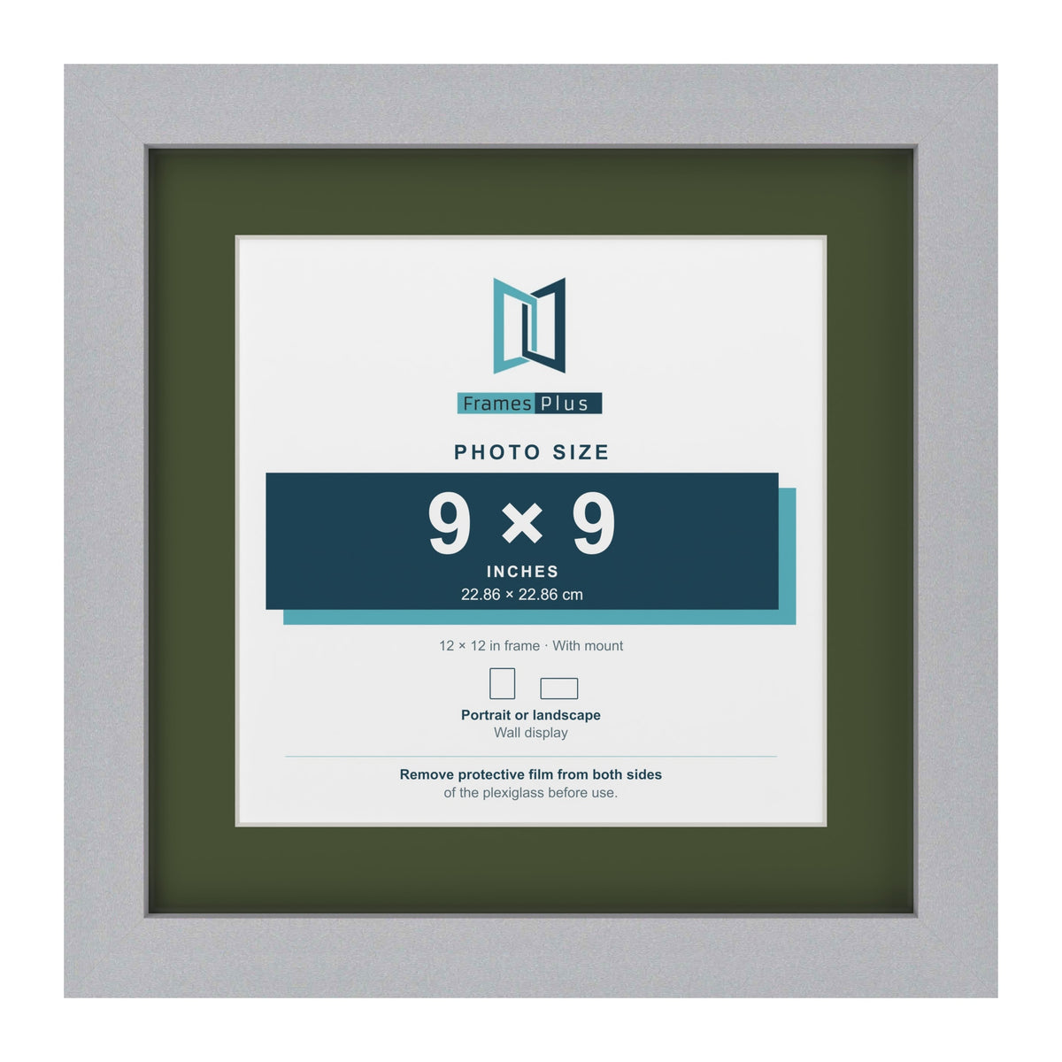 Silver 12 x 12 inch picture frame with a green mount for a 9 x 9 inch photo