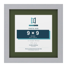 Silver 12 x 12 inch picture frame with a green mount for a 9 x 9 inch photo