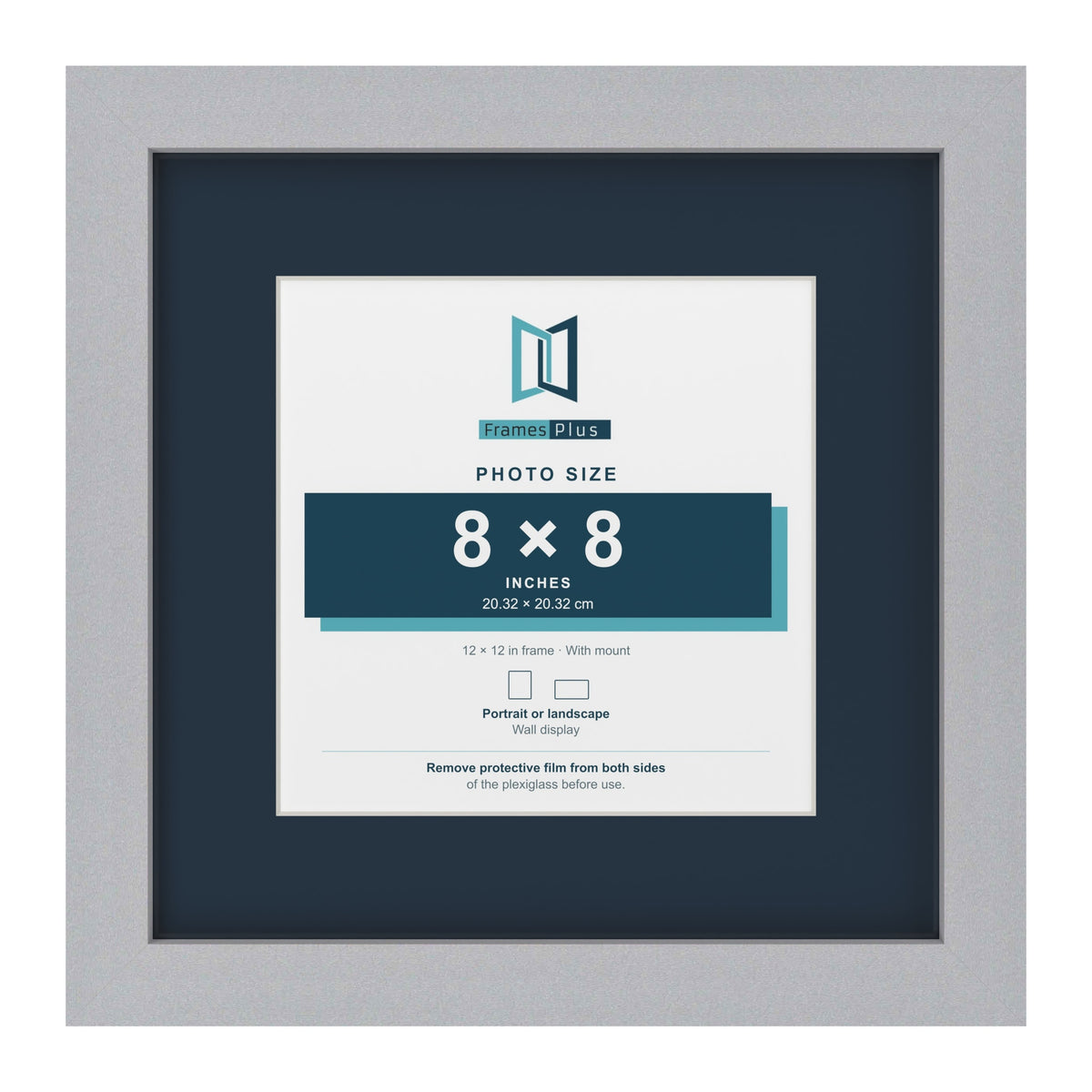Silver 12 x 12 inch picture frame with a Pacific Blue mount for an 8 x 8 inch photo