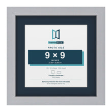 Silver 12 x 12 inch picture frame with a Pacific Blue mount for a 9 x 9 inch photo