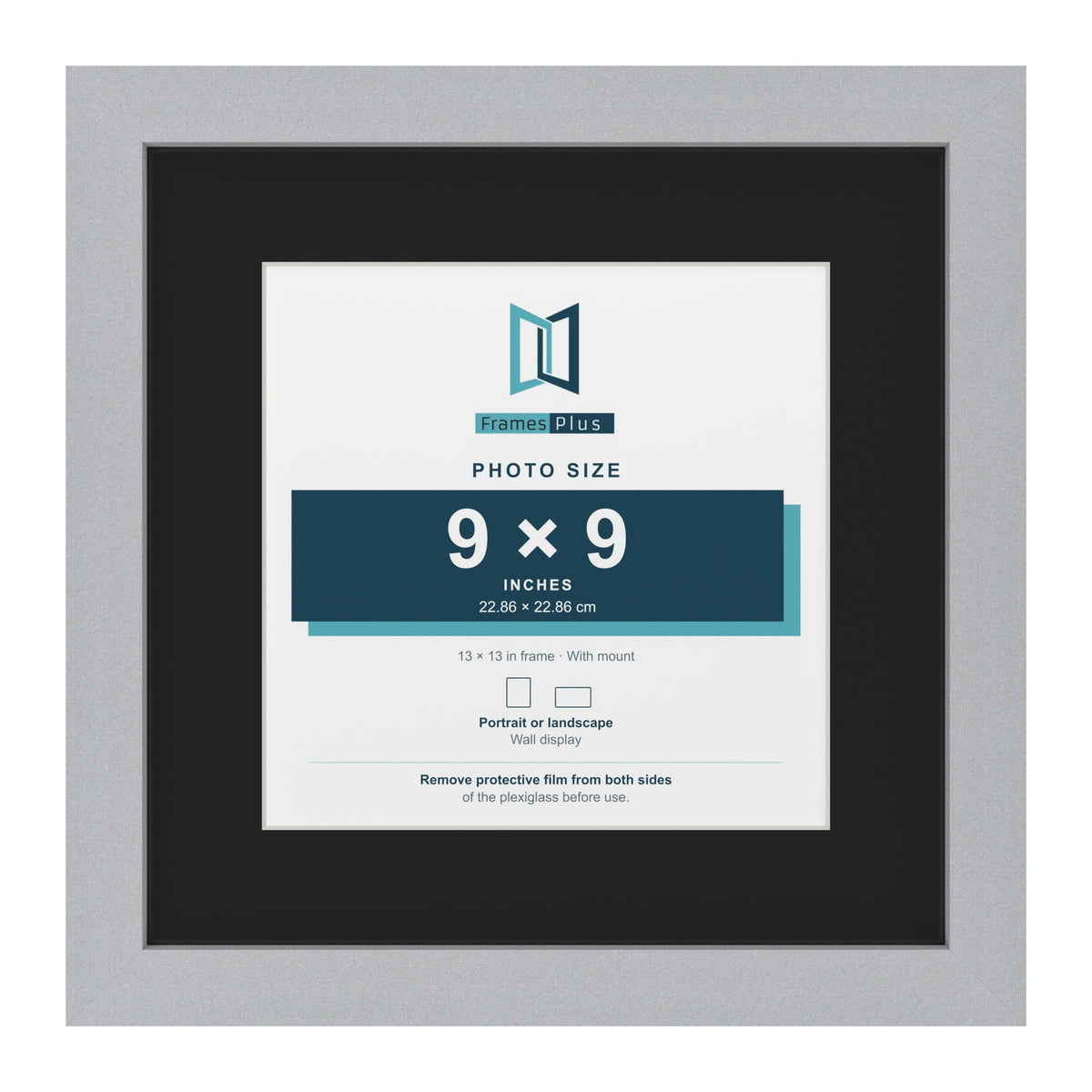Silver 13 x 13 inch picture frame with a black mount for a 9 x 9 inch photo