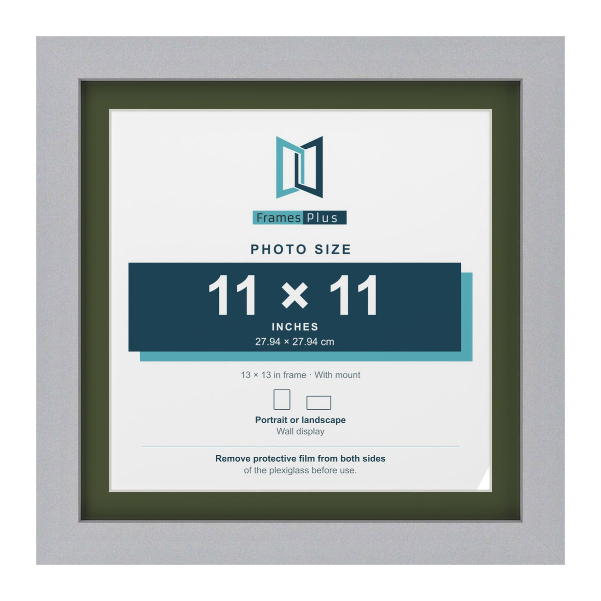 Silver 13 x 13 inch picture frame with a green mount for an 11 x 11 inch photo