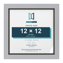 Silver 13 x 13 inch picture frame with a green mount for a 12 x 12 inch photo