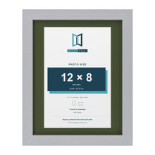 Silver 14 x 11 inch picture frame with a green mount for a 12 x 8 inch photo