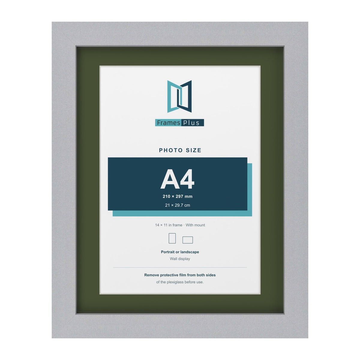 Silver 14 x 11 inch picture frame with a green mount for an A4 photo