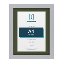 Silver 14 x 11 inch picture frame with a green mount for an A4 photo