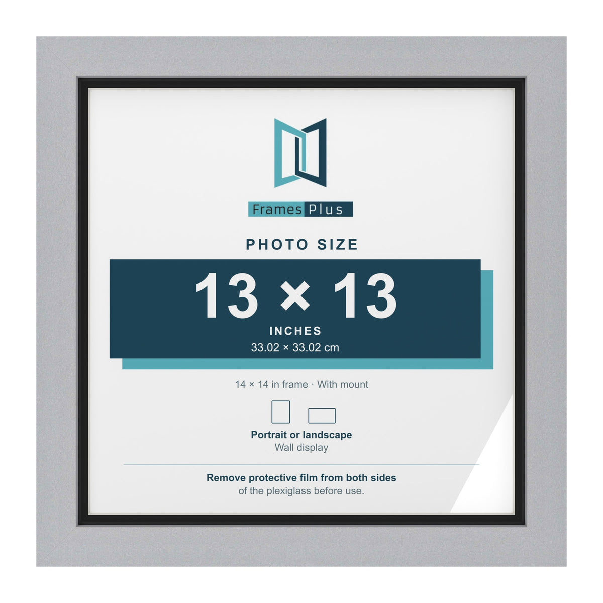 Silver 14 x 14 inch picture frame with a black mount for a 13 x 13 inch photo