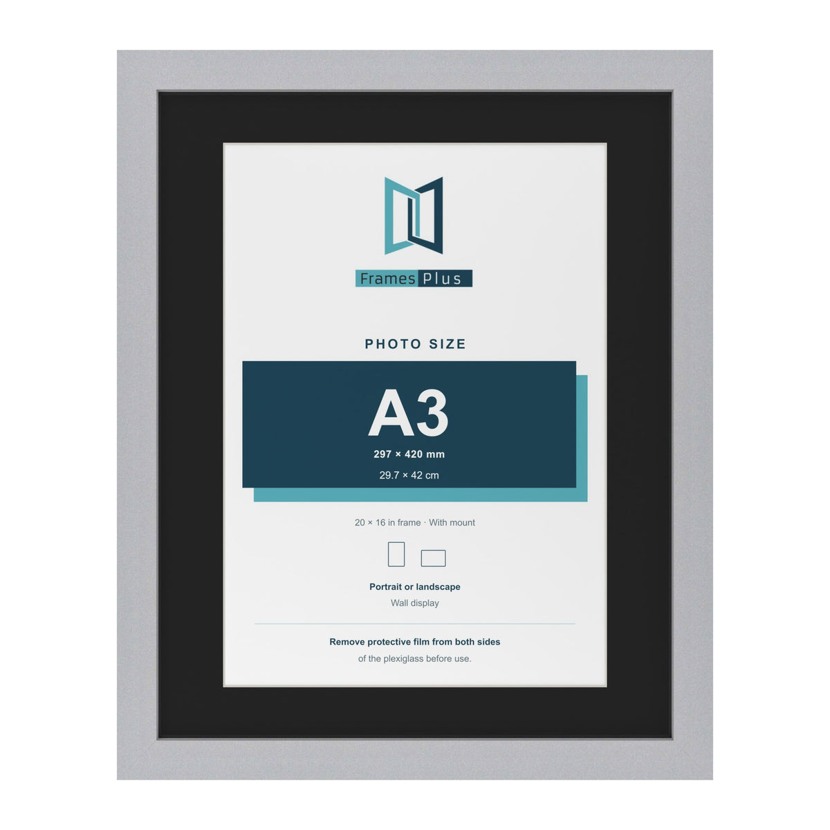 Silver 20 x 16 inch picture frame with a black mount for an A3 photo
