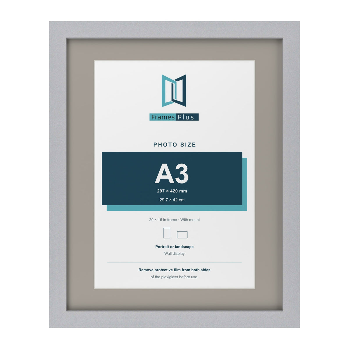 Silver 20 x 16 inch picture frame with a Dawn Grey mount for an A3 photo
