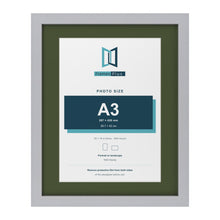 Silver 20 x 16 inch picture frame with a green mount for an A3 photo