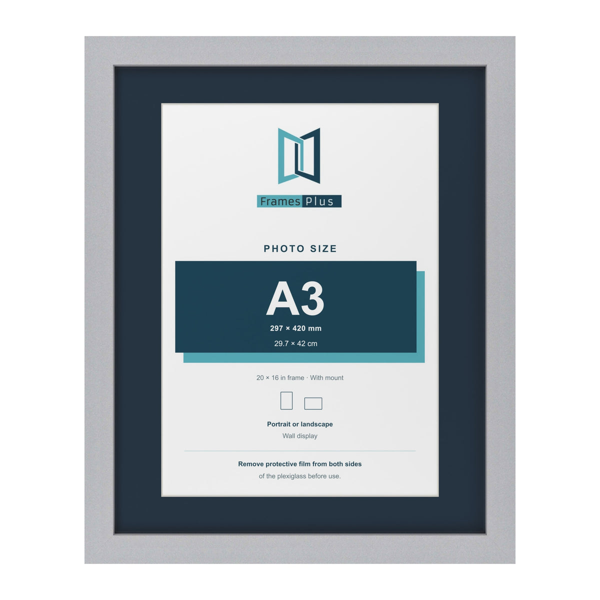 Silver 20 x 16 inch picture frame with a Pacific Blue mount for an A3 photo