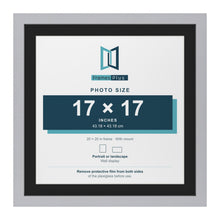 Silver 20 x 20 inch picture frame with a black mount for a 17 x 17 inch photo