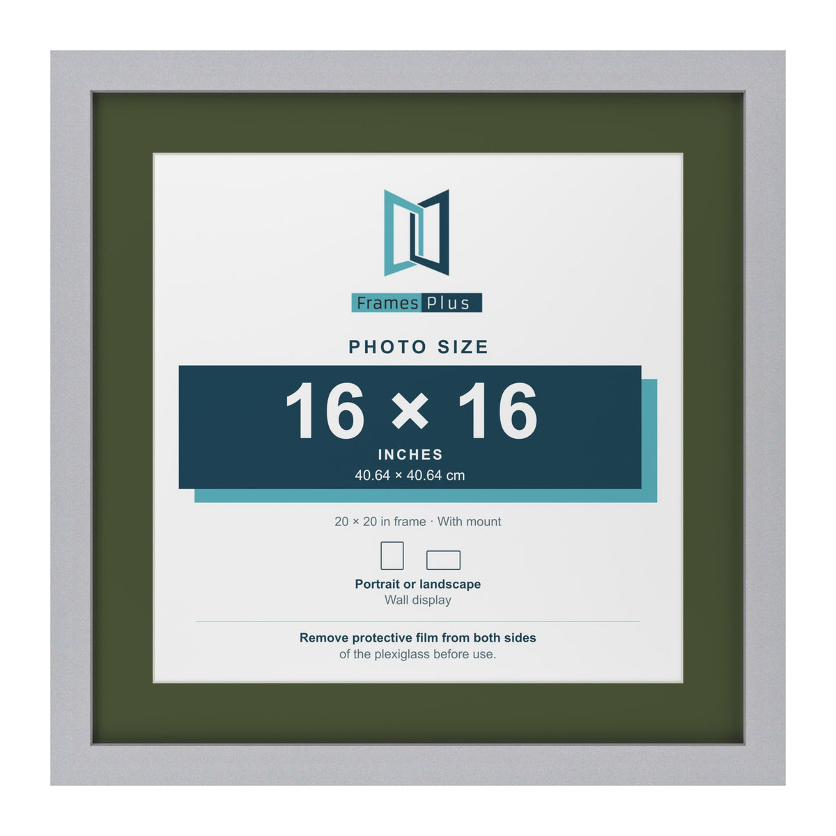 Silver 20 x 20 inch picture frame with a green mount for a 16 x 16 inch photo
