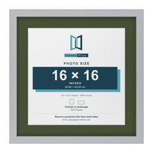 Silver 20 x 20 inch picture frame with a green mount for a 16 x 16 inch photo