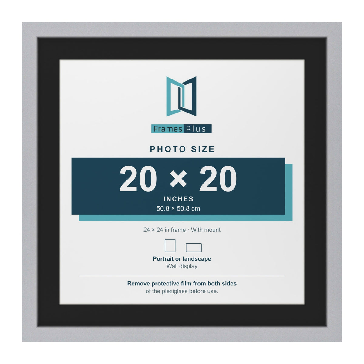 Silver 24 x 24 inch picture frame with a black mount for a 20 x 20 inch photo
