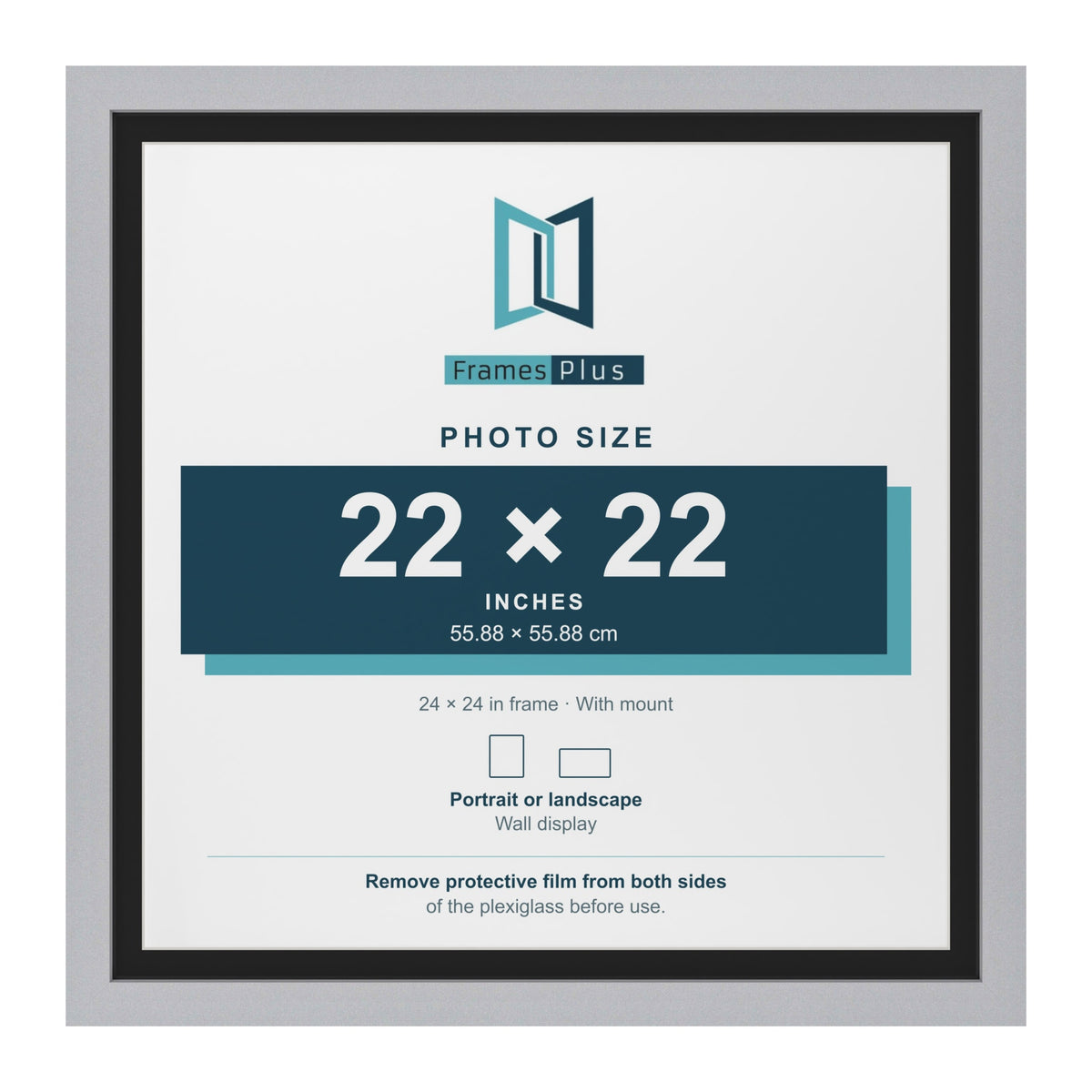 Silver 24 x 24 inch picture frame with a black mount for a 22 x 22 inch photo