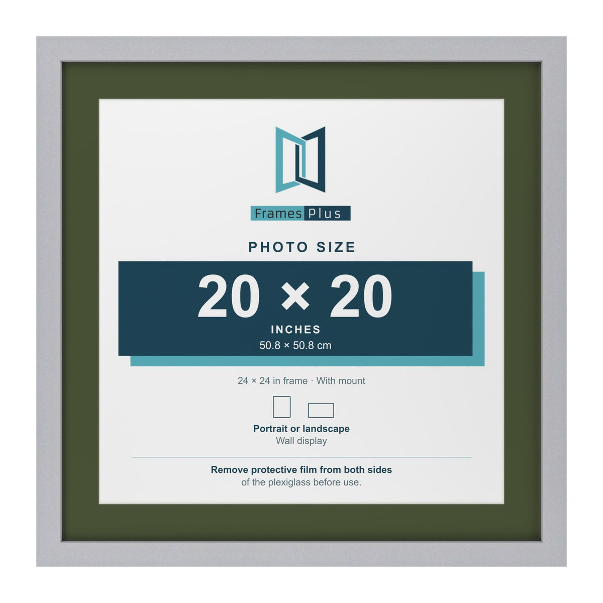 Silver 24 x 24 inch picture frame with a green mount for a 20 x 20 inch photo